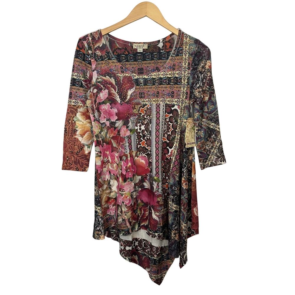 One World Boho Top Multi Color Womens XS Long‎ Sleeve Asymmetrical Embellished